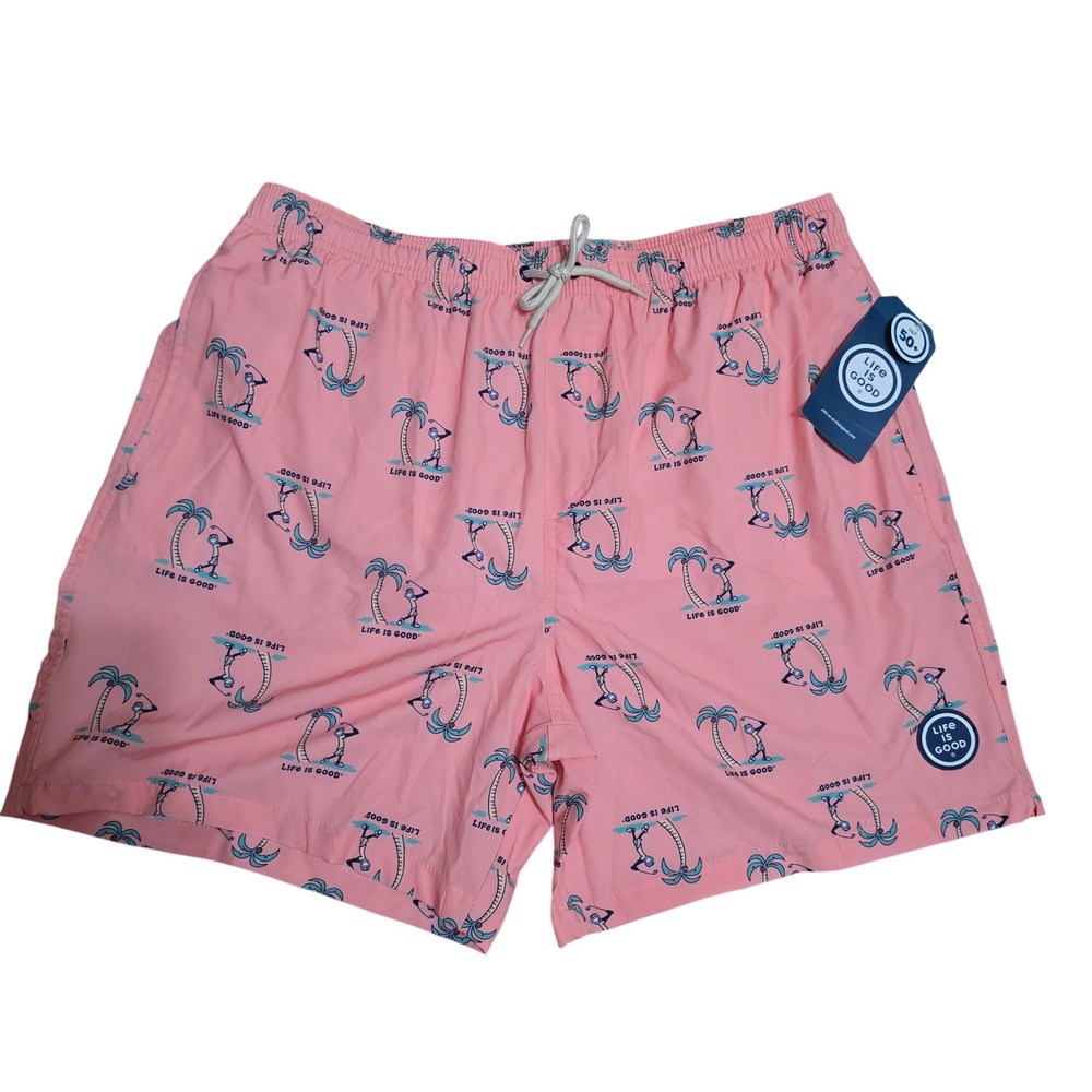 Life‎ is Good Mens Swim Trunks XL Pink Golfing Palm Tree Board Shorts UPF 50+